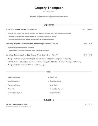 Brand Coordinator Resume