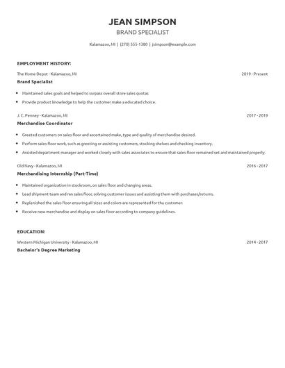 Brand Specialist Resume