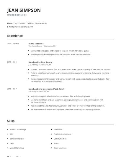 Brand Specialist Resume