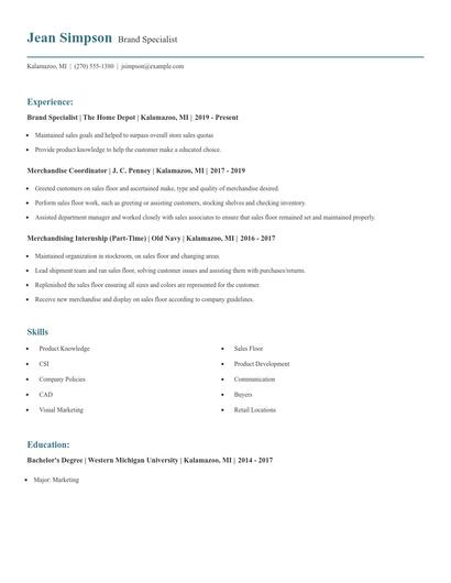 Brand Specialist Resume