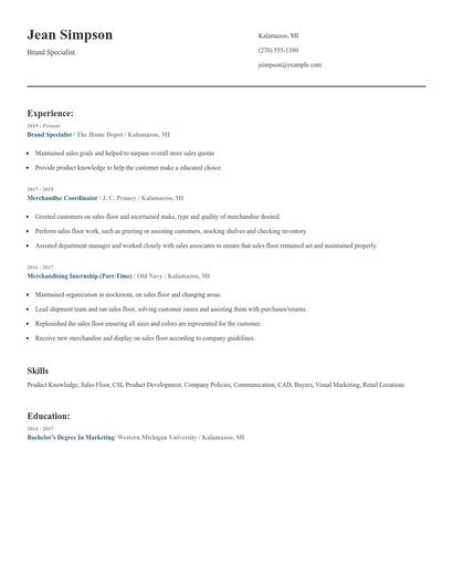 Brand Specialist Resume