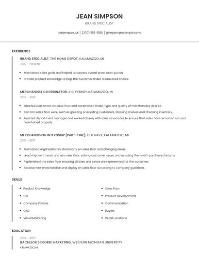 Brand Specialist Resume