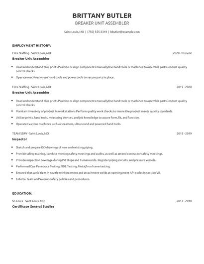 Breaker Unit Assembler Resume