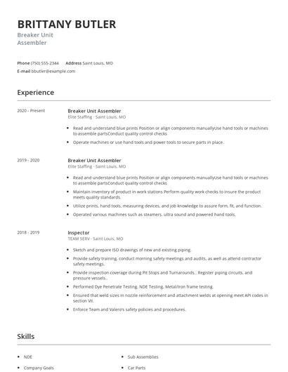 Breaker Unit Assembler Resume