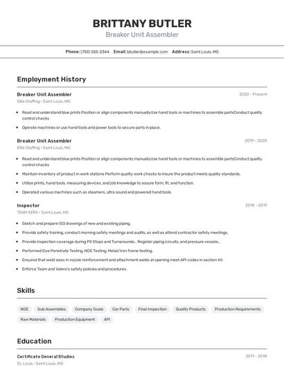 Breaker Unit Assembler Resume