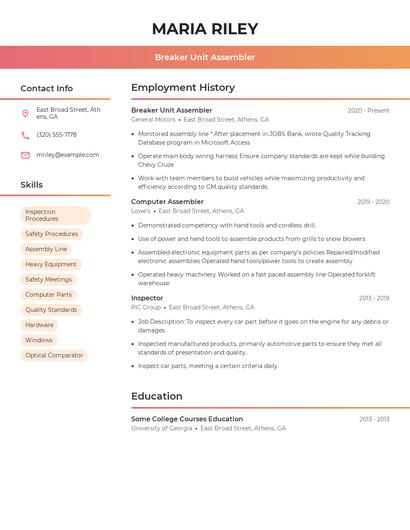 Breaker Unit Assembler Resume