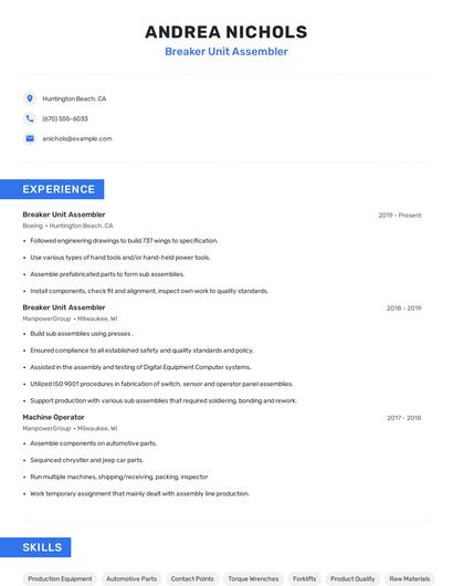 Breaker Unit Assembler Resume