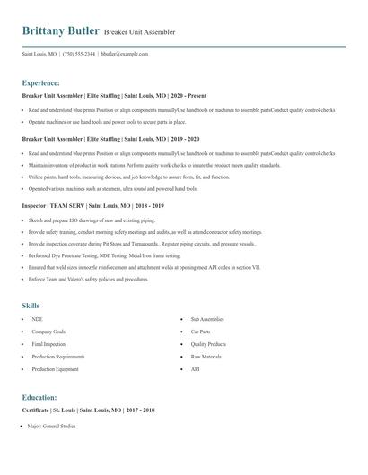 Breaker Unit Assembler Resume