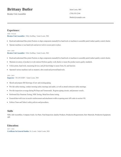 Breaker Unit Assembler Resume