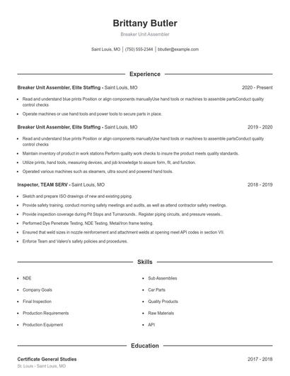 Breaker Unit Assembler Resume