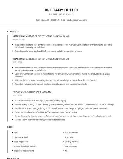 Breaker Unit Assembler Resume