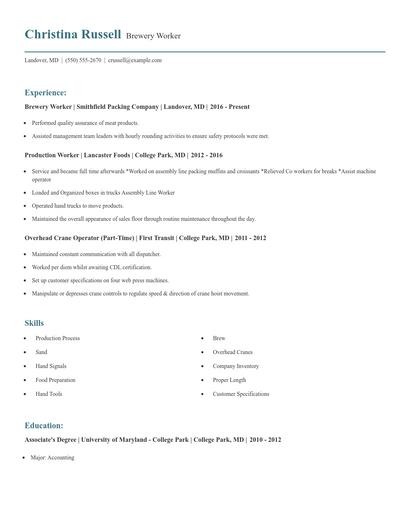 Brewery Worker Resume