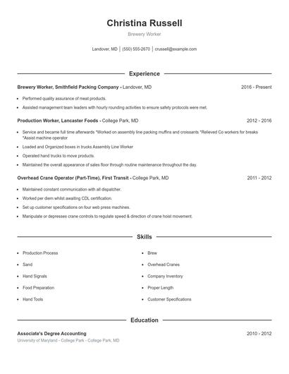 Brewery Worker Resume