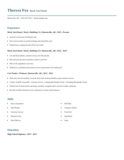Brick Yard Hand Resume