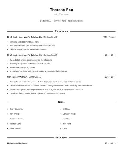 Brick Yard Hand Resume