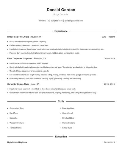 Bridge Carpenter Resume