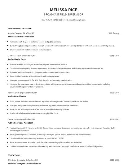 Broadcast Field Supervisor Resume
