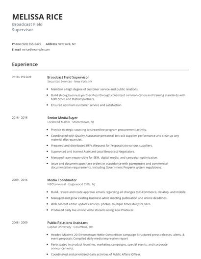 Broadcast Field Supervisor Resume