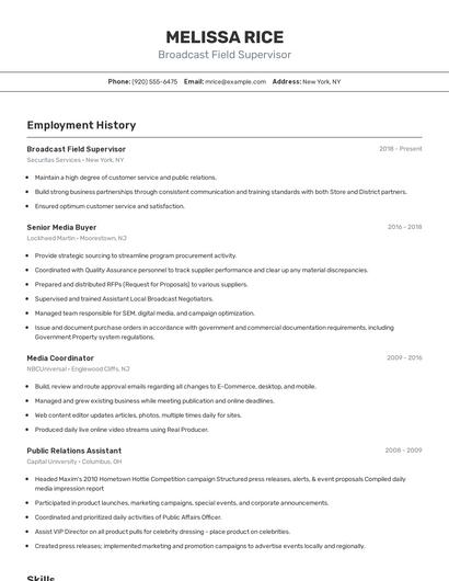 Broadcast Field Supervisor Resume