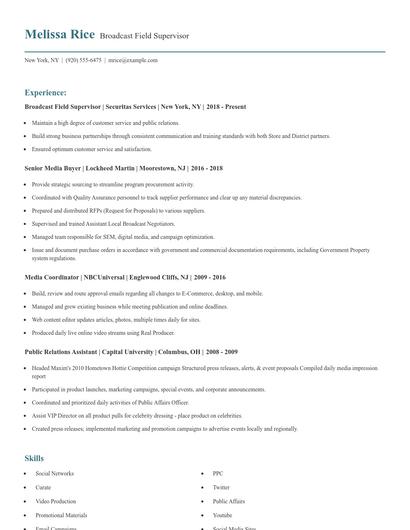Broadcast Field Supervisor Resume