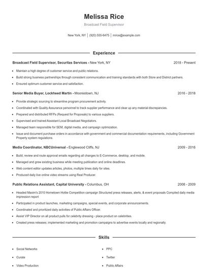 Broadcast Field Supervisor Resume