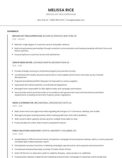 Broadcast Field Supervisor Resume