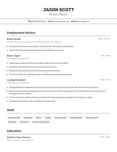 Broker Realtor Resume