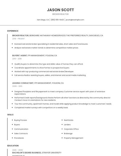 Broker Realtor Resume