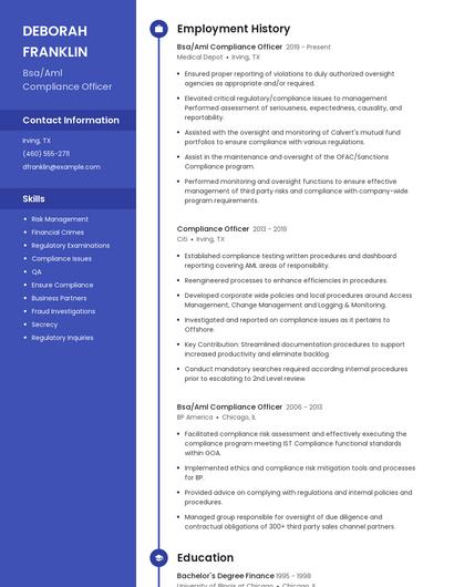 Bsa/Aml Compliance Officer Resume