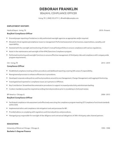Bsa/Aml Compliance Officer Resume