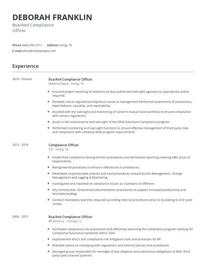 Bsa/Aml Compliance Officer Resume
