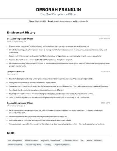 Bsa/Aml Compliance Officer Resume