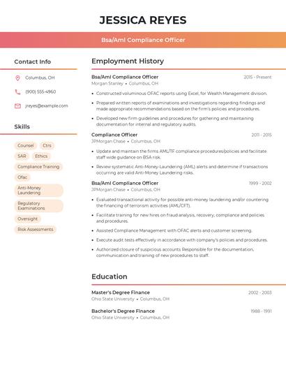Bsa/Aml Compliance Officer Resume