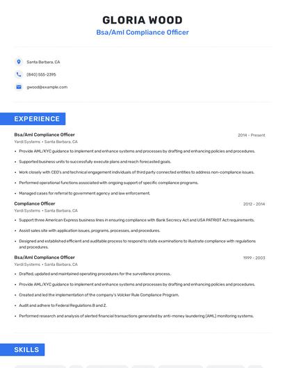 Bsa/Aml Compliance Officer Resume