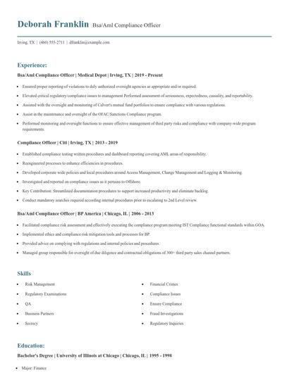 Bsa/Aml Compliance Officer Resume