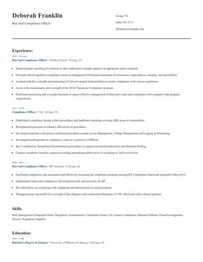 Bsa/Aml Compliance Officer Resume
