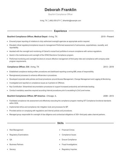 Bsa/Aml Compliance Officer Resume