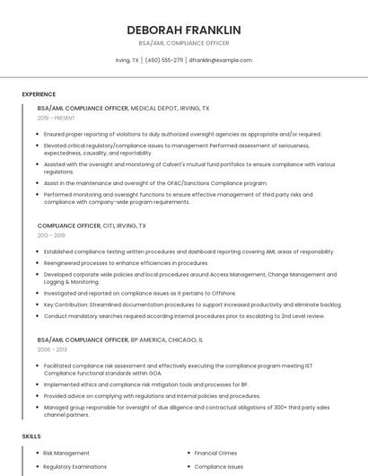 Bsa/Aml Compliance Officer Resume