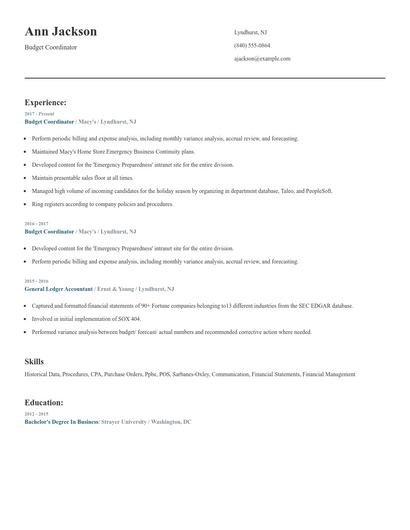 Budget Coordinator Resume