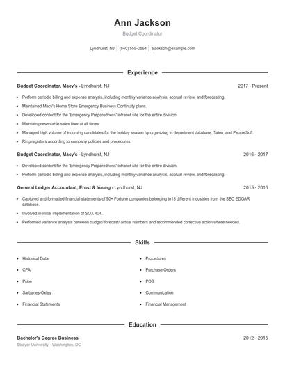 Budget Coordinator Resume