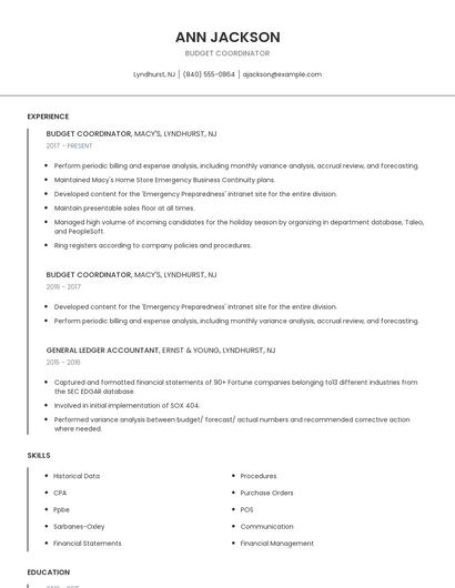 Budget Coordinator Resume