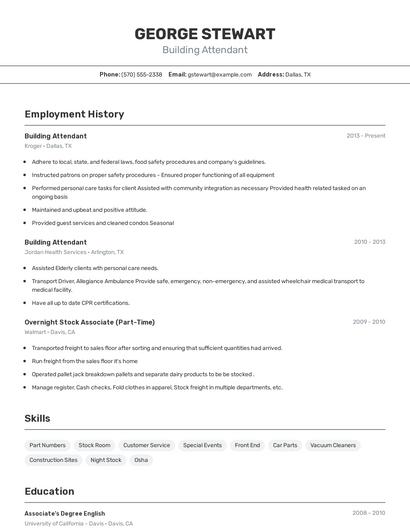Building Attendant Resume