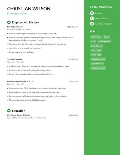 Building Attendant Resume