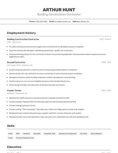 Building Construction Contractor Resume