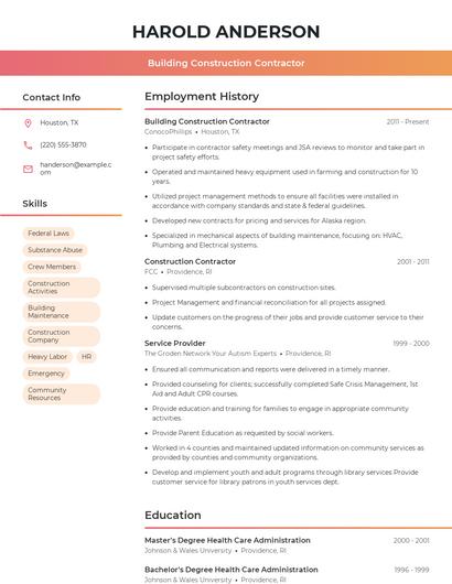 Building Construction Contractor Resume