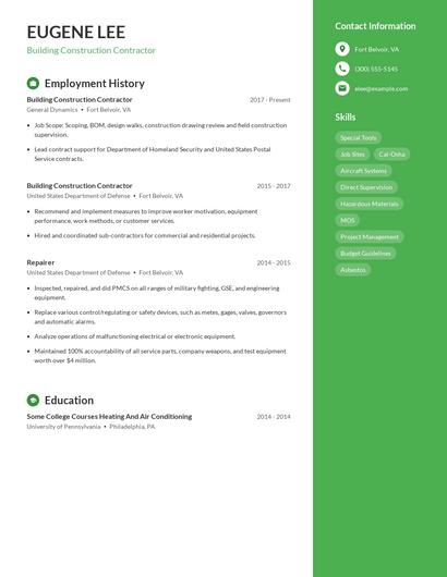 Building Construction Contractor Resume