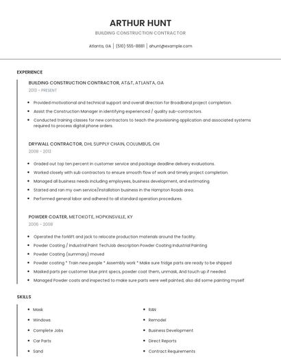 Building Construction Contractor Resume