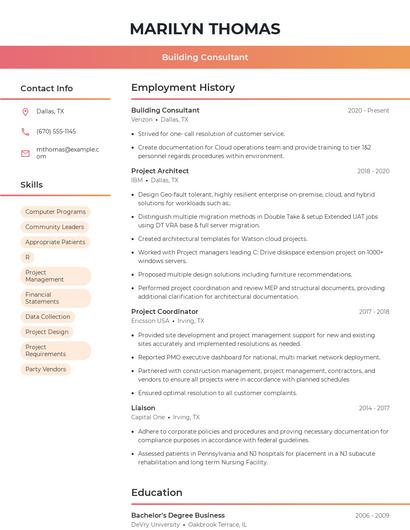 Building Consultant Resume
