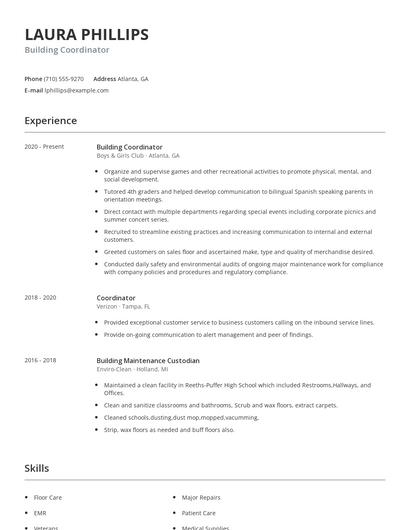 Building Coordinator Resume