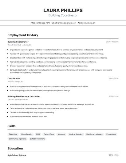 Building Coordinator Resume